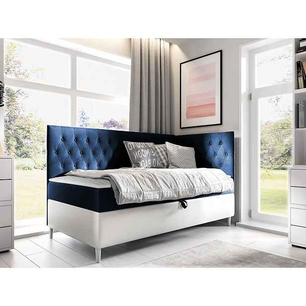 Boxspringová jednolůžková postel 100x200 PORFIRO 3 - bílá ekokůže / modrá 1, pravé provedení + topper ZDARMA