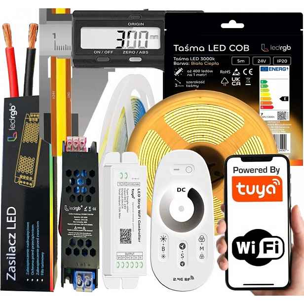 Set Led pásek Neon Cob 24V 5 m 3000K Bílý Wifi Ultra Tenký 3MM Dálkový Ovladač Rf