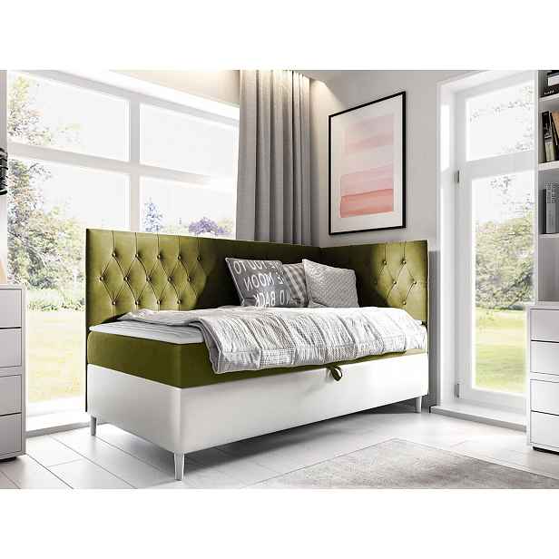 Boxspringová jednolůžková postel 100x200 PORFIRO 3 - bílá ekokůže / khaki, pravé provedení + topper ZDARMA