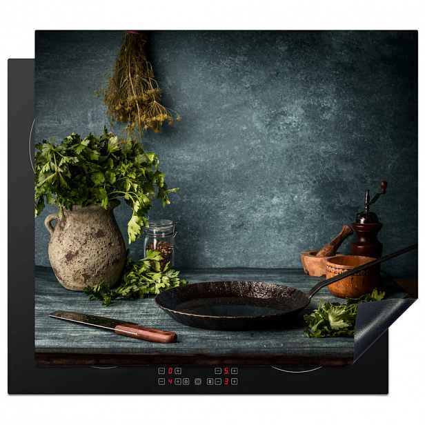 MuchoWow KRYT NA INDUKČNÍ DESKU Bylinky - Koření - Pánev - Nůž - Šedý - Rustikální 58.3x51.3 cm