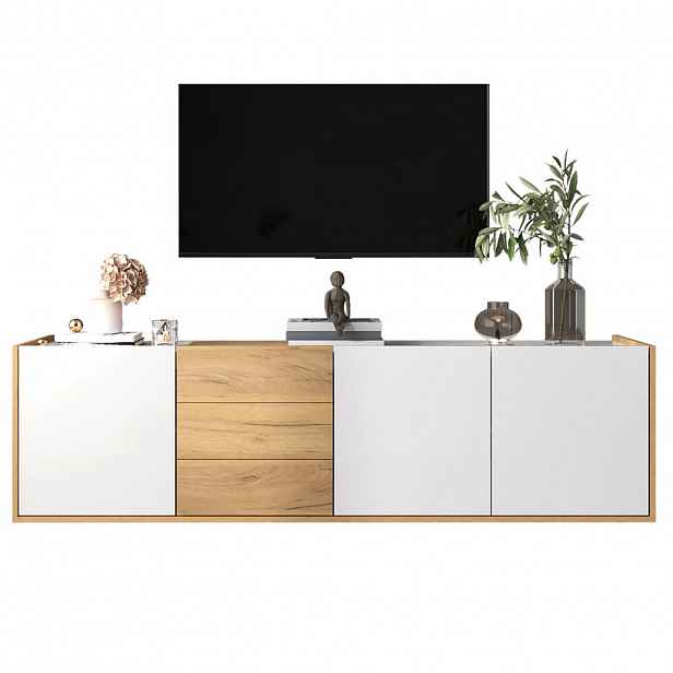 OKWISH TV stolek 171,5/35/47 cm bílá a dřevěná z MDF s nástěnnou montáží a úložným prostorem