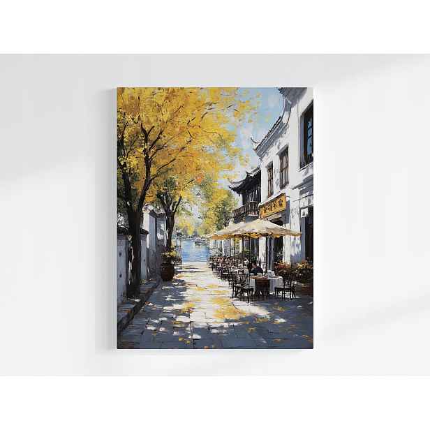 Plakát Město Čína Ulička Kavárna Ginkgo Voda 75x100