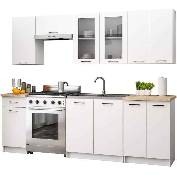 Ak furniture Kuchyňská linka Olivie 2,4 m H720 prosklená bílá/dub sonoma