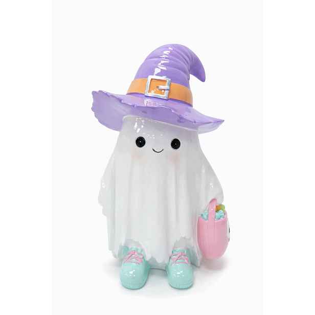 Keramický duch s čarodějnickým kloboukem – roztomilá dekorace na Halloween