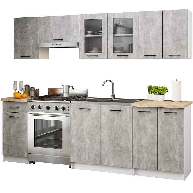 Ak furniture Kuchyňská linka Olivie 2,4 m prosklená beton