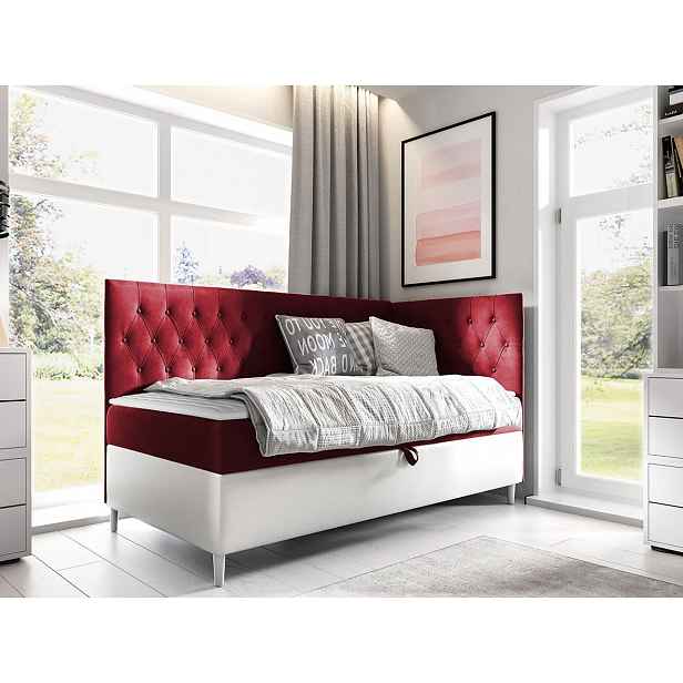 Boxspringová jednolůžková postel 100x200 PORFIRO 3 - bílá ekokůže / červená, pravé provedení + topper ZDARMA