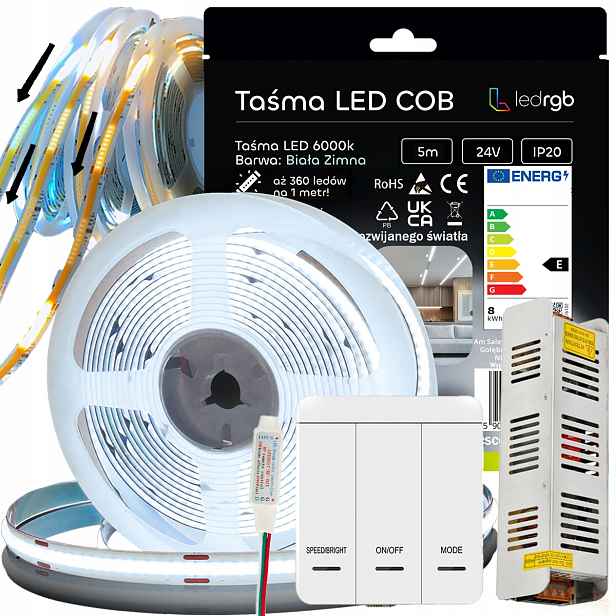 Sada Led Pásku Cob 5m 24V Studená Bílá 6000K Digitální Spínač Tekoucá Vlna