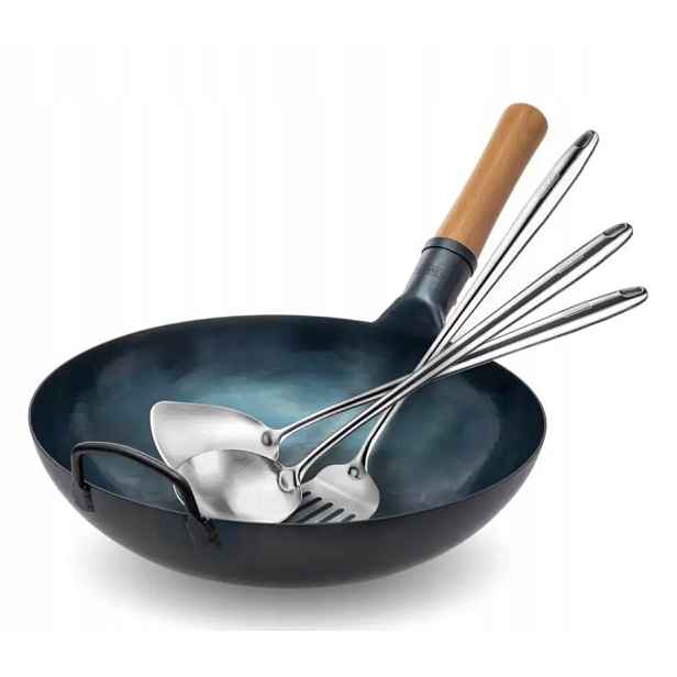 Yosukata Wok 34 cm Modrá Sada Špachtle 2x Naběračka Plyn/indukce