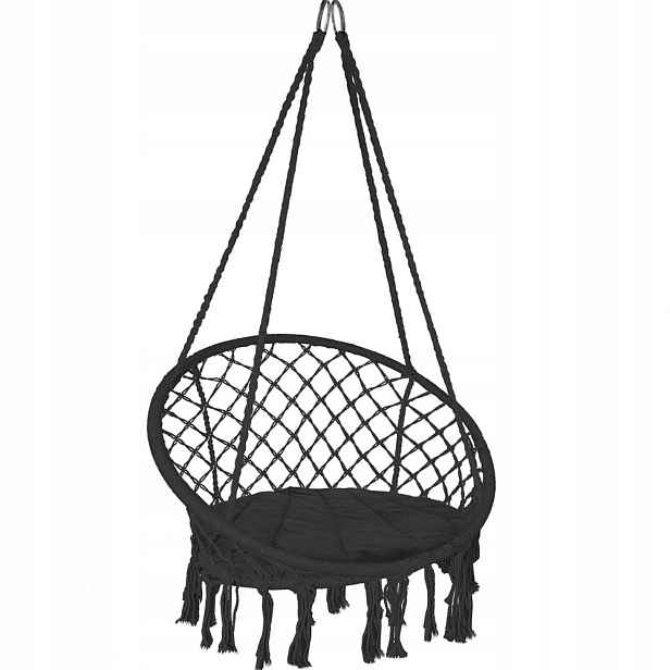 Závěsné křeslo Vounot s třásněmi, 80 cm, houpací, černé, vnitřní vnější strana