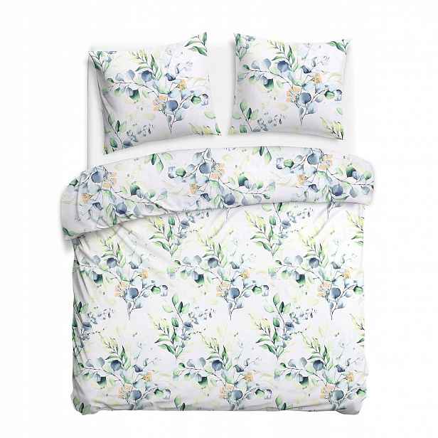 Povlečení 220x200 bílé se vzorem zelených a modrých listů CottonLove