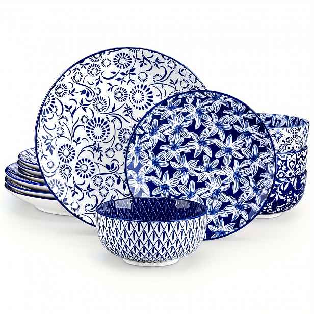 TEMU Sada 12 -bílých porcelánových talířů, včetně jídelních talířů, dezertních talířů a mís na cereálie pro čtyři osoby