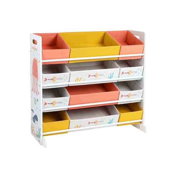 Songmics dětský úložný regál 12 boxů SG107539 83 x 38 x 78 cm bílá s barevnými boxy a motivem oceánu