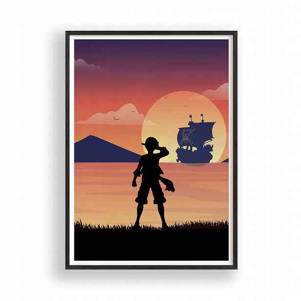 Obraz One Piece Luffy Západ Slunce Anime Plakát Rámeček Dřevěný 30x42 cm