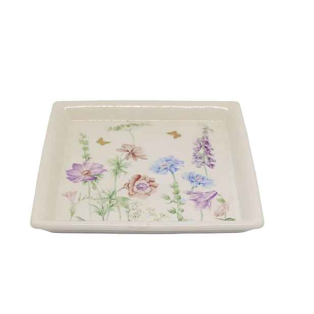 Krémový antik keramický podnos s květy Papillon Blossom - 21*21*2 cm Chic Antique