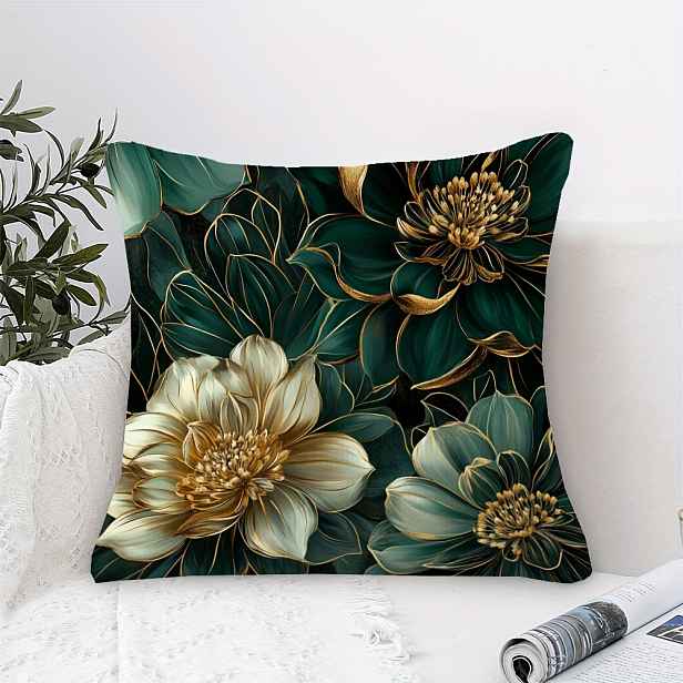TEMU 1ks Oboustranný Dekorativní Povlak na Polštář, Luxusní Zlatý a Zelený Abstraktní Květinový , 45,72cm x 45,72cm, Vhodný pro Pohovku, Obývací