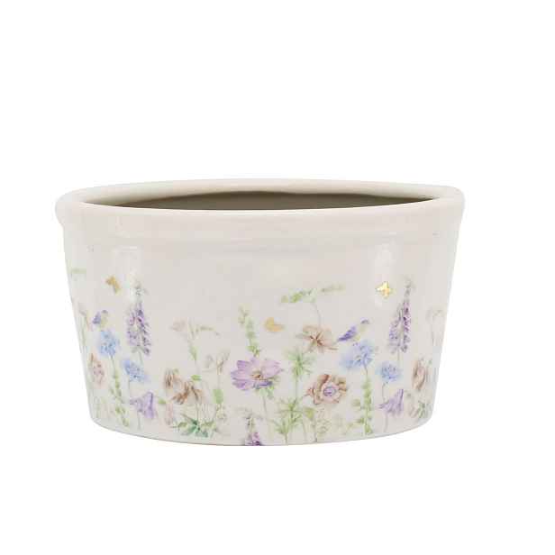 Krémový antik keramický kvetináč s květy Papillon Blossom - Ø 16*9 cm Chic Antique