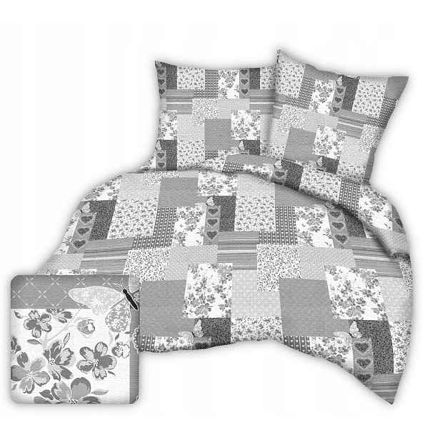 Krepové povlečení I 160x200 šedý patchwork srdce motýli květiny