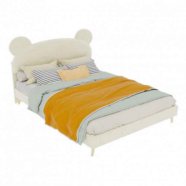 OKWISH DĚTSKÁ postel 140/200 cm béžová z látky a kovu s plyšovým čelem a matrací