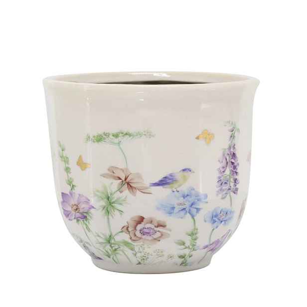 Krémový antik keramický kvetináč s květy Papillon Blossom - Ø 14*12 cm Chic Antique