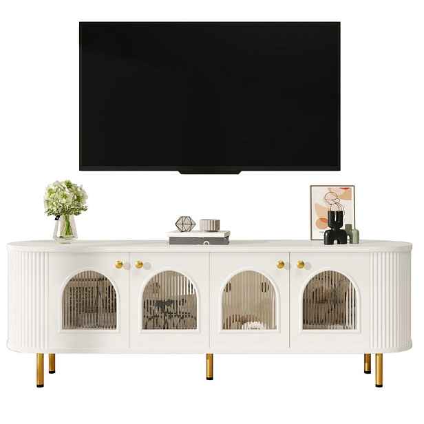 Modenvie NÍZKÁ komoda 170/35/55 cm z MDF bílý/zlatý se 4 skleněnými dvířky