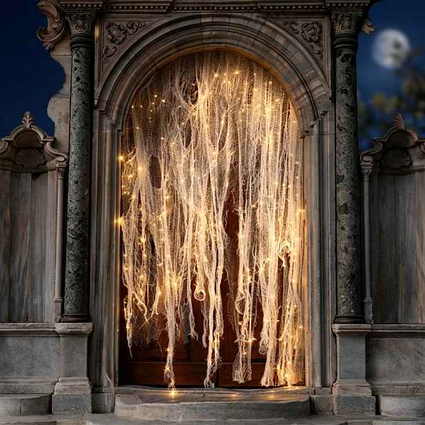 TEMU 1 sada halloweenská osvětlená dekorace z bílé gázy, světelné sváteční dekorace s tématikou Trick or Treat - 1ks 2,15m/84,65in × /118,11in gáza +