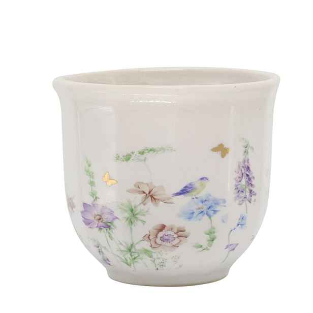 Krémový antik keramický kvetináč s květy Papillon Blossom - Ø 12*10 cm Chic Antique