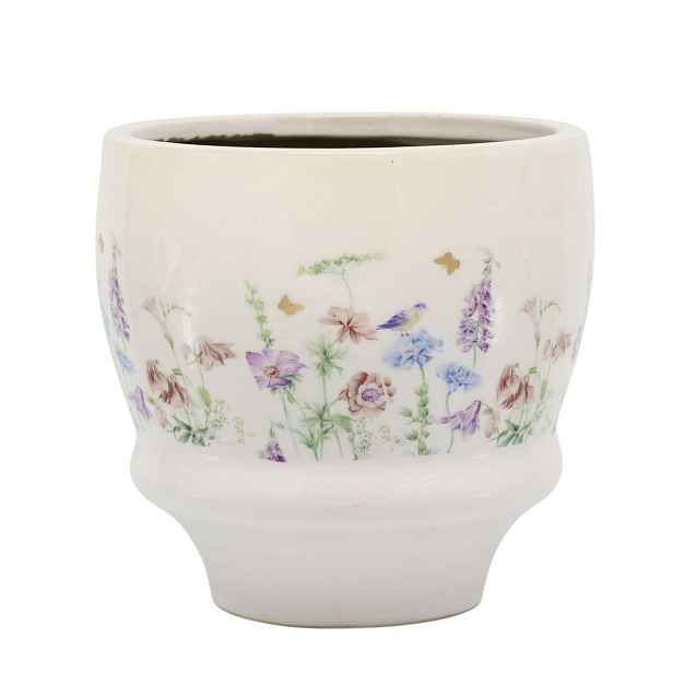 Krémový antik keramický kvetináč s květy Papillon Blossom - Ø 15*14 cm Chic Antique