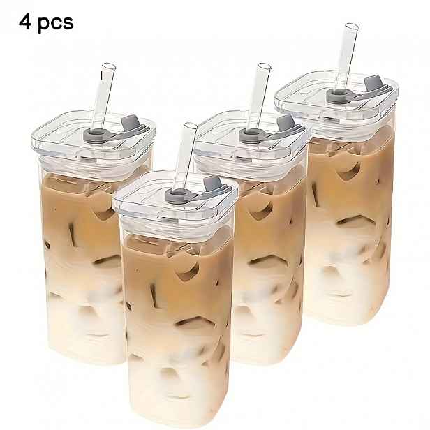 TEMU 4/8 ks Skleněná šálka z borosilikátového skla, snadná čtvercová skleněná tumbler, šálek na kávu, snídaňový šálek, šálek na mléko, opakovaně