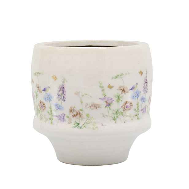 Krémový antik keramický kvetináč s květy Papillon Blossom - Ø 13*12 cm Chic Antique