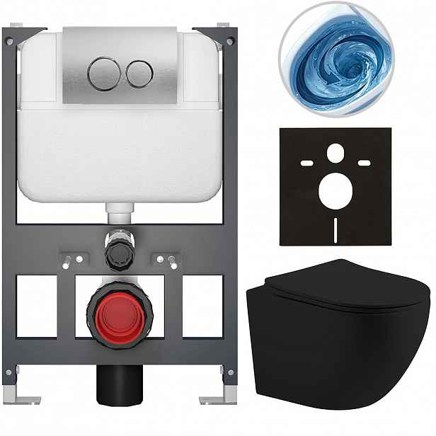 Kompletní WC set Basic/Cesso - černá matná - WC tlačítko Dualo/Stříbrná - závěsné - nízký modul - předstěnová instalace - 49x36 cm - 8050BD86209
