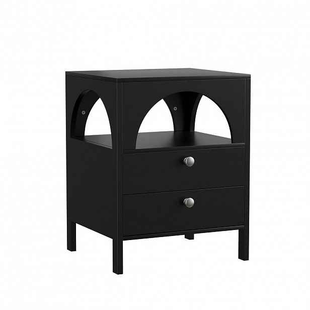 Modfu NOČNÍ stolek z MDF 45x40x58 cm černý se 2 zásuvkami, otevřenou přihrádkou a dřevěnými nohami