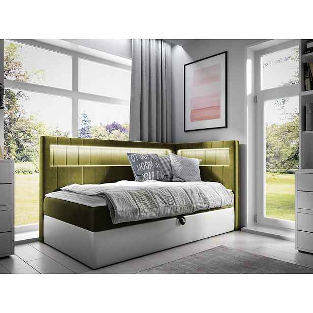 Kontinentální jednolůžková postel 100x200 RAMIRA 3 - bílá ekokůže / khaki, pravé provedení + topper ZDARMA