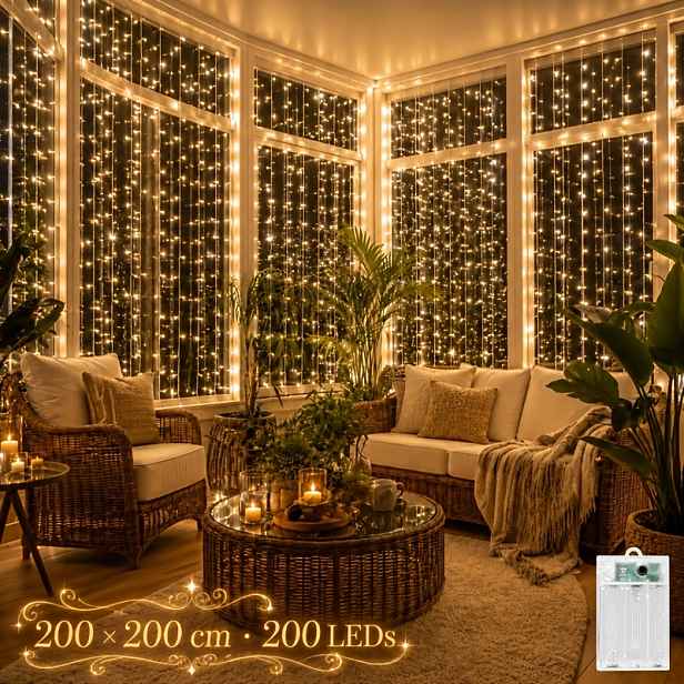 TEMU 1 ks 300 LED Teplé Bílé Pohádkové Světelné Závěsy Vodopád, Napájení z Bateriového Boxu, 8 Režimů Dekorativních Světelných Závěsů, Baterie Nejsou