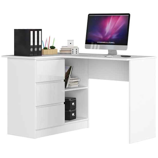 Ak furniture Rohový psací stůl B16 124 cm bílý/bílý lesk levý