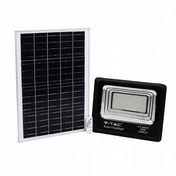 V-tac Solární Led zářič 50W černý IP65 dálkový ovladač časovač VT-300W 4000K