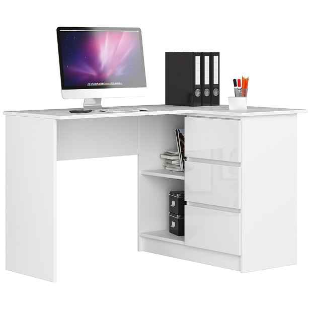 Ak furniture Rohový psací stůl B16 124 cm bílý/bílý lesk pravý