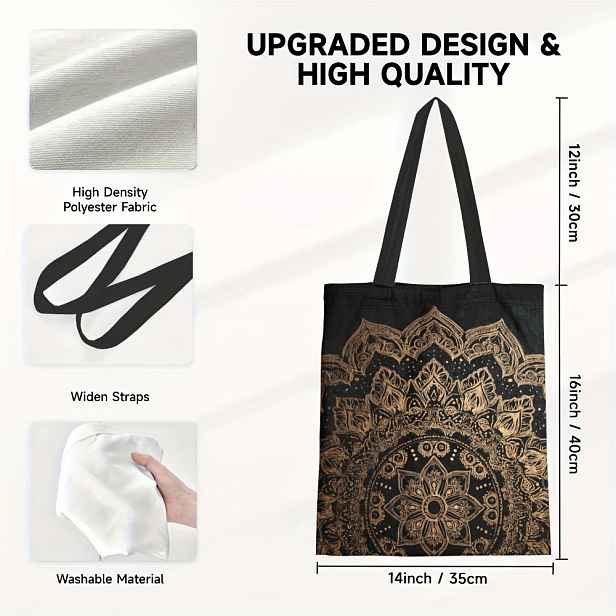 TEMU 1 ks, Módní plátěná taška s mandala designem, Velkoobjemová opakovaně použitelná nákupní taška, Lehká dámská kabelka přes rameno, Ideální pro