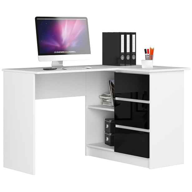 Ak furniture Rohový psací stůl B16 124 cm bílý/černý lesk pravý