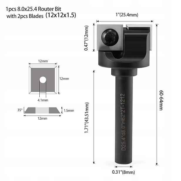 Přímá fréza na dřevo 2P stopka 8 mm průměr 25,4 x 12 vyměnitelné destičky