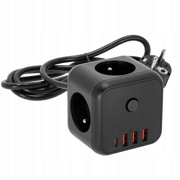 Prodlužovací Kabel Usb Kostka 3-zásuvky 1,5 m s uzemněním a vypnutím 4xUSB černý