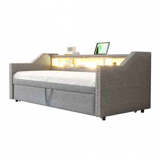 Modfu ČALOUNĚNÁ rozkládací postel z plátna 90x190 cm světle šedá s LED osvětlením, USB portem a úložnými přihrádkami
