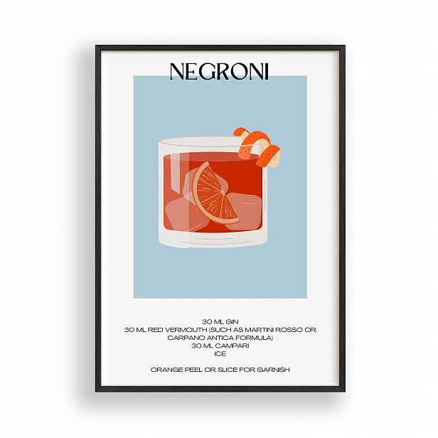 Obraz Koktejl Negroni Plakát Rámeček Dřevěný Černý 30x42 cm