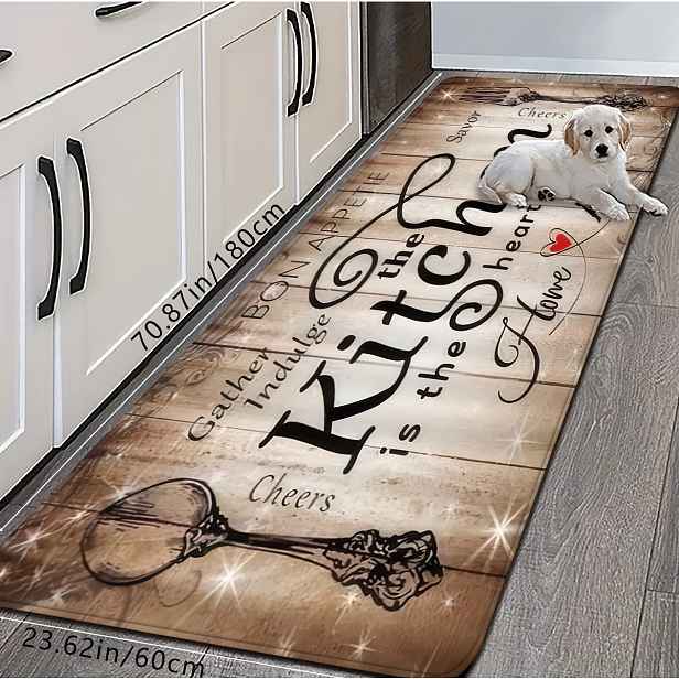 TEMU 1 ks/2 ks/3 ks Kreativní tmavě hnědý kobereček do kuchyně s potiskem 'The Kitchen Is ' a imitací dřeva, vysoce odolný, savý, protiskluzový,