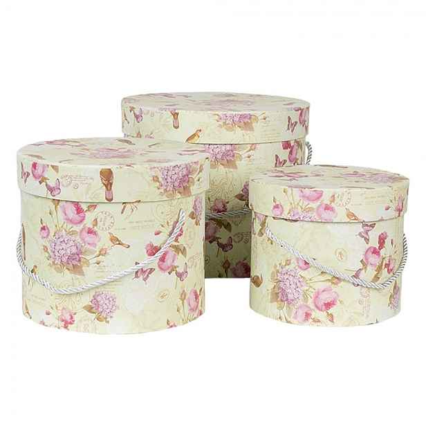 3ks zelený kulatý box s růžovými květy - Ø 23*20 / Ø 20*17 / Ø 17*14 cm Clayre & Eef