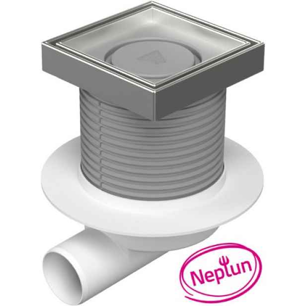 Chuděj Podlahová vpust boční DN50; plovák Neptun; mřížka 125x125 mm nerez CERAMICS (Gule boční DN50 s nerez mřížkou pro vložení dlažby)