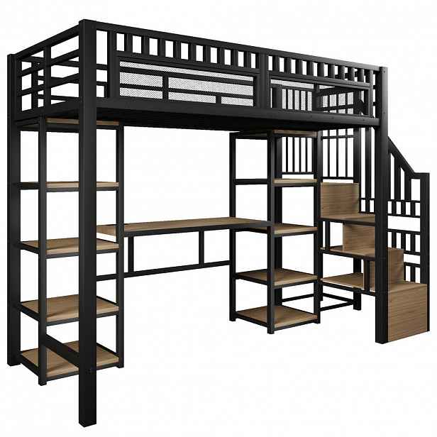 STILVORA HOCHBETT 90/200 cm in Schwarz mit Regal, Schreibtisch, LED und USB