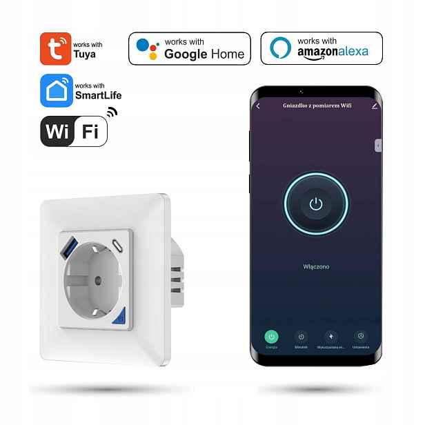 Nástěnná zásuvka Wifi Tuya nabíječka 20W Usb-c Usb-a měření energie