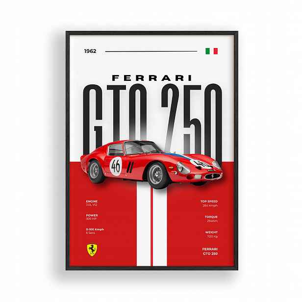Obraz Ferrari Gto 250 Plakát Rámeček Dřevěný Černý 30x42 cm