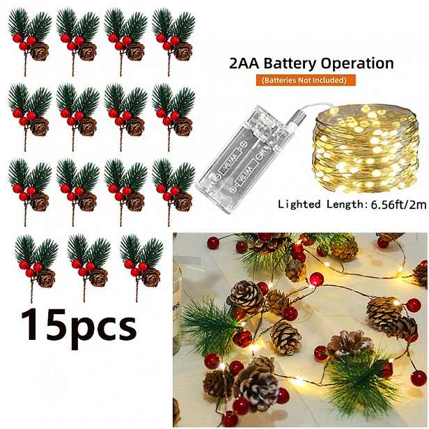 TEMU 15 Realistických Šišek, Včetně 1 Světelného Řetězce s 30 LED, Ideální pro Vnitřní Vánoční Dekorace. Na Baterie (AA Baterie Nejsou Součástí),