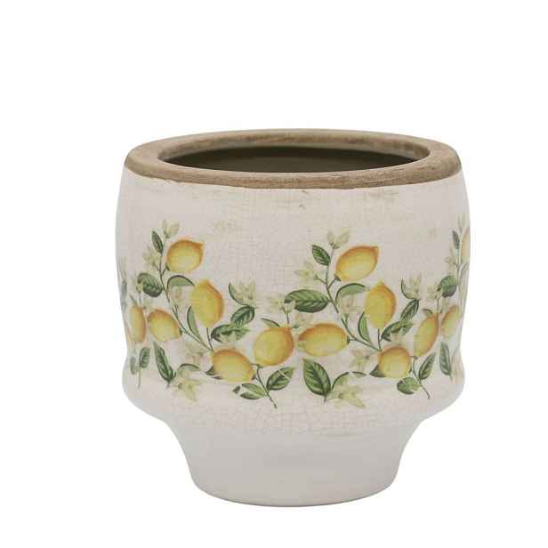 Béžový antik keramický květináč s citróny Limone Blossom - Ø 13*12 cm Chic Antique